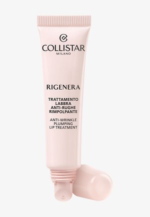 Tube de soin repulpant anti-rides pour les lèvres Collistar Rigenera avec le capuchon retiré, emballage rose pâle, texte noir en italien et en anglais.