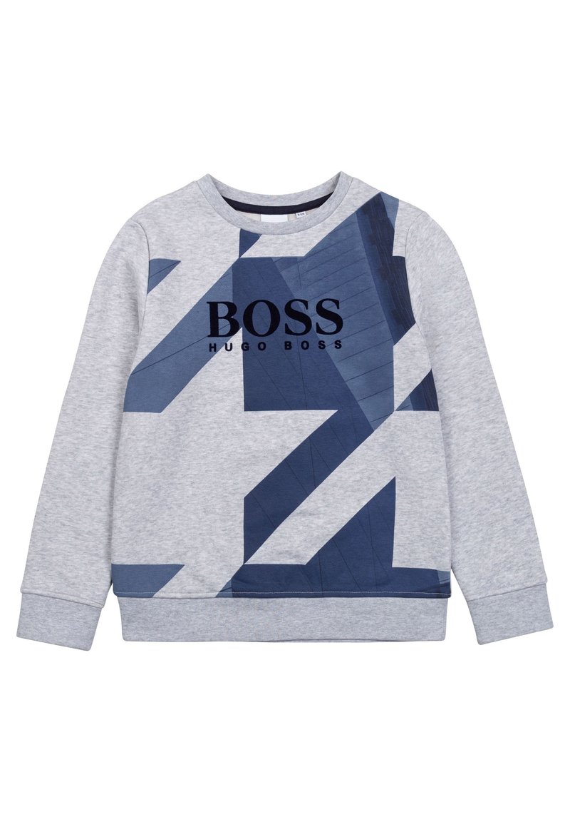 Grå sweatshirt med marinblå geometriska mönster, ribbade muddar och rundad halsringning. "BOSS"-logotypen visas tydligt på framsidan.