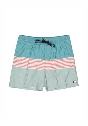Türkise Badeshorts mit horizontalen Streifen in Pink und Weiß, einem elastischen Bund mit Kordelzug und einem kleinen Logopatch an der Seite.