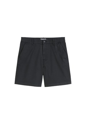 Black shorts made of lightweight fabric. Features an elastic waistband, front pockets, and a front button closure. Simple and versatile design.