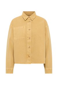 Camicia in denim giallo con chiusura a bottoni sul davanti, colletto a punta, taschino sul petto e maniche lunghe. Caratterizzata da bottoni in legno e un design corto.