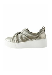 Metallic silver slip-on sneakers with a knotted textile upper and white platform sole, featuring minimal stitching and a pull tab at the heel.