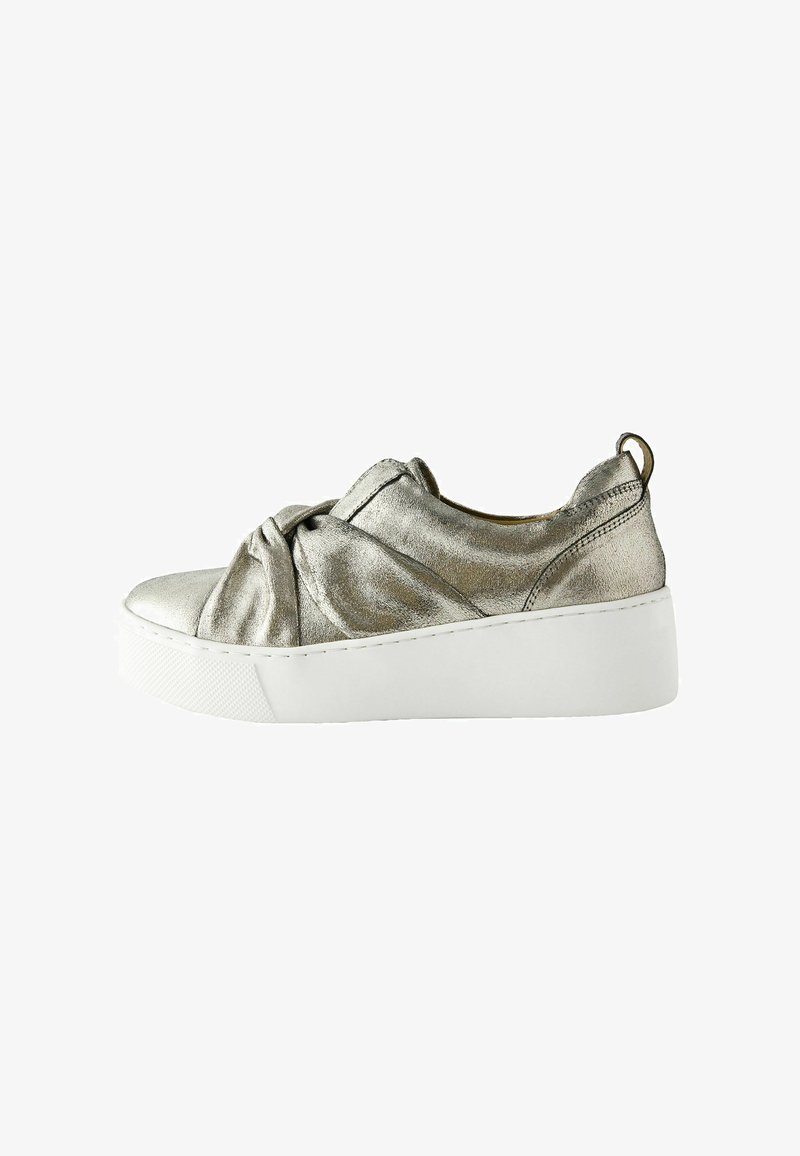 Metallic silver slip-on sneakers with a knotted textile upper and white platform sole, featuring minimal stitching and a pull tab at the heel.