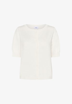 Vit kortärmad cardigan med rund halsringning, knäppning fram och ribbade detaljer vid ärmslut och nederkant. Tillverkad av mjukt stickad tyg.