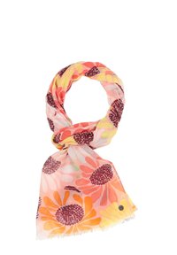 Fular cu model floral în nuanțe de roz, portocaliu și galben. Material ușor, cu margini franjurate și un design circular, care prezintă flori mari.