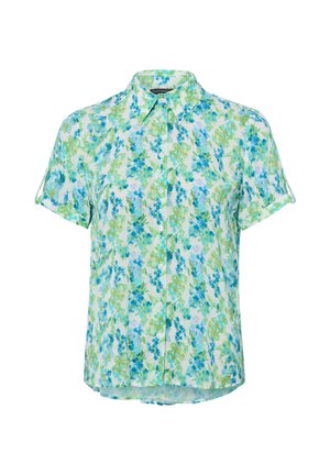 Bluzka z krótkim rękawem, zapinana na guziki, z niebiesko-zielonym kwiatowym wzorem i ostrym kołnierzem na białym tle.