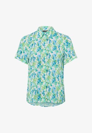 Kurzärmelige Bluse mit Knopfleiste und blau-grünem Blumenmuster sowie spitzem Kragen auf weißem Hintergrund.