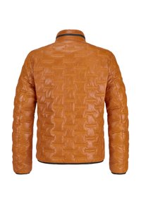 Quilted orange Lederjacke mit Stehkragen, strukturiertem Oberfläche und einem eleganten Finish. Verfügt über einen schwarzen Saum am unteren Ende.