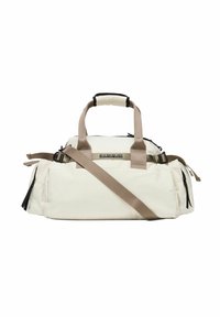 Borsa a duffle rettangolare bianca con manici beige e tracolla regolabile, tasche frontali con cerniera e tirazip neri.