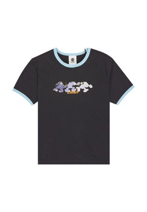 T-shirt noir avec col ringer bleu clair, présentant une impression graphique de personnages de dessins animés colorés. Matière en coton doux, coupe décontractée.
