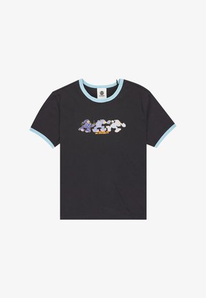T-shirt noir avec col ringer bleu clair, présentant une impression graphique de personnages de dessins animés colorés. Matière en coton doux, coupe décontractée.