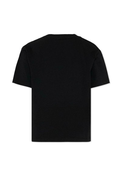 T-shirt noir à manches courtes, posé à plat, montrant le dos uni avec un col rond et sans logos ni motifs visibles.