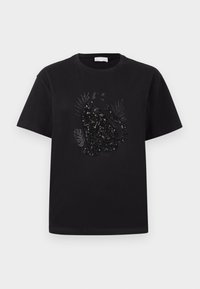 Black cotton t-shirt featuring a shiny black sequin cat design with palm leaves. Short sleeves and a classic crew neckline.