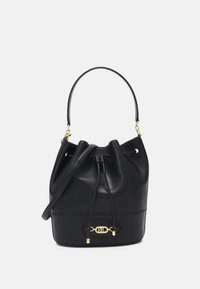 Black leather bucket bag with a drawstring closure, gold hardware accents, and a rounded base. Smooth texture with a minimalist design.