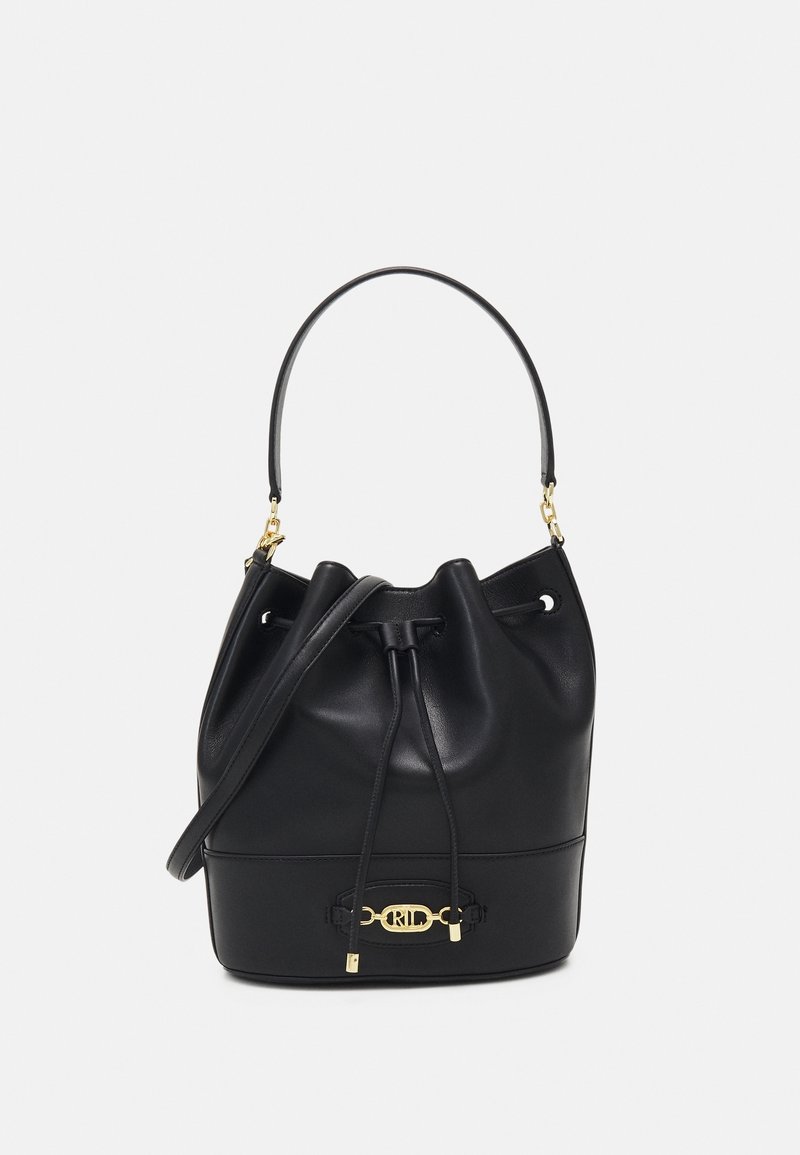 Black leather bucket bag with a drawstring closure, gold hardware accents, and a rounded base. Smooth texture with a minimalist design.
