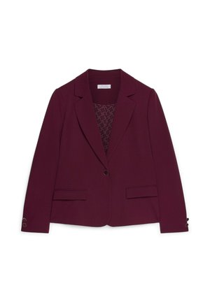 Dunkellila Damenblazer mit Reverskragen, Ein-Knopf-Verschluss, Klapptaschen und dekorativen Knöpfen an den Ärmeln.