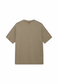 Tricou khaki cu mânecă scurtă, fabricat din bumbac moale, având guler rotund și un design drept, fără modele sau texturi vizibile.