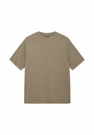 Khaki short-sleeve T-shirt made of soft cotton, featuring a crew neck and a straight-cut design with no visible patterns or textures.