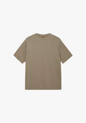 Tricou khaki cu mânecă scurtă, fabricat din bumbac moale, având guler rotund și un design drept, fără modele sau texturi vizibile.