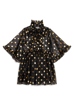 Rochie neagră transparentă cu guler înalt și detaliu cu fundă, decorată cu buline aurii, mâneci evazate și tiv cu volane stratificate.