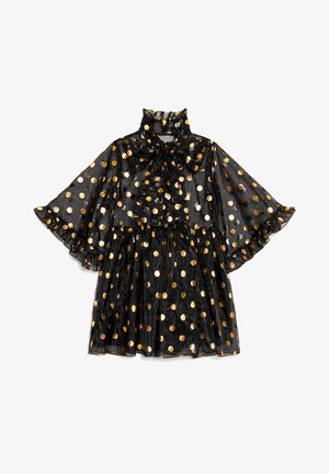 Rochie neagră transparentă cu guler înalt și detaliu cu fundă, decorată cu buline aurii, mâneci evazate și tiv cu volane stratificate.