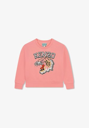 Sweatshirt rose avec un motif brodé de tête de tigre, col rond, manches longues, et finitions côtelées à l'ourlet et aux poignets.