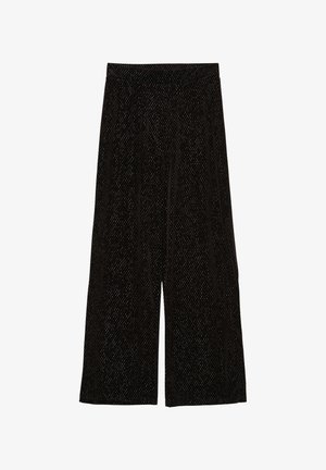 Culotte neri realizzati in tessuto morbido, caratterizzati da una vestibilità ampia, gambe larghe e un delicato motivo testurizzato. Vita elastica per un comfort ottimale.