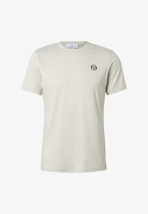 Maglietta beige a maniche corte con scollo tondo e piccolo logo nero Sergio Tacchini sul petto a sinistra.