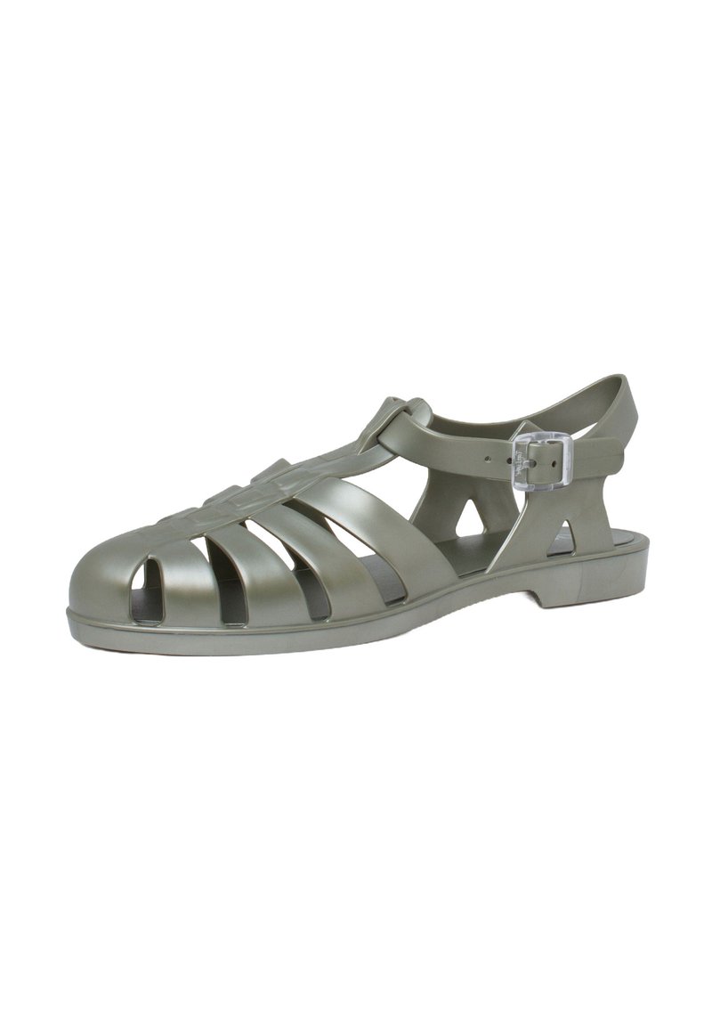 Gray, plastic sandal with cut-out design, open toe, and adjustable strap. Features a flat sole and textured surface for grip.