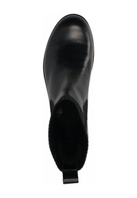 Black leather ankle boot featuring a smooth surface, round toe, elastic side panels, and a pull tab for easy wear. Soft interior lining.