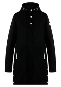 Imperméable long noir avec capuche, boutons-pressions à l'avant, poches à fermeture éclair blanches et détails de boutons-pression sur les côtés.