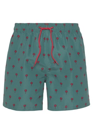 Žalios maudymosi kelnės su šviesiu blizgesiu, puoštos raudonais palmės motyvais. Su elastinga juosmens juosta ir raišteliu.