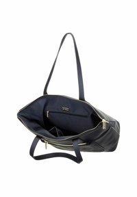 Sac cabas en cuir noir avec fermetures éclair dorées, ouvert pour montrer un intérieur spacieux et une poche intérieure zippée, longues bandoulières.