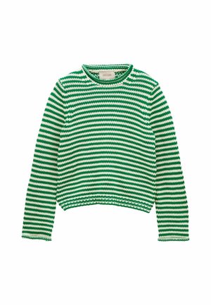Green and white striped long-sleeve knitted sweater with a round neck and slightly cropped length.