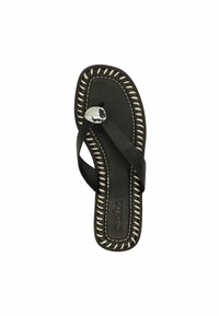 Zwarte flip-flop sandaal met een geprofileerde zool, leren banden en een metalen accent, met contrasterende witte stiksels langs de randen.