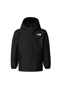 Veste imperméable noire avec capuche, dotée d'une doublure en polaire, de poignets élastiques et d'un logo blanc sur la poitrine. Texture de tissu lisse.