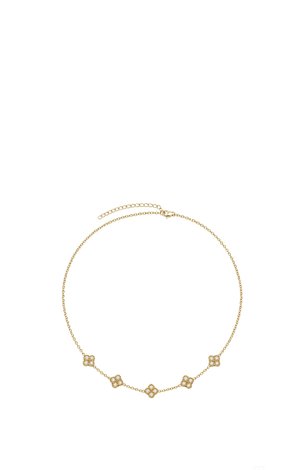 Zarte goldene Halskette mit fünf gleichmäßig verteilten floralen Anhängern, verziert mit kleinen weißen Edelsteinen.