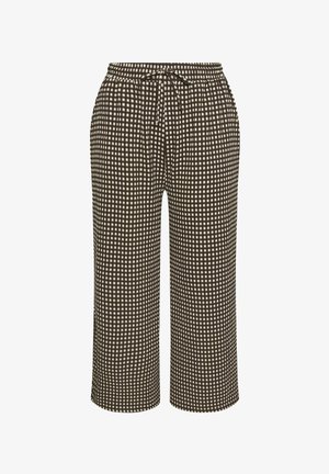 Braune Hosen mit weitem Bein, weißem Karomuster und elastischem Bund mit verstellbarem Kordelzug.