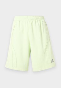 Shorts atletici de culoare verde deschis, cu un brâu elastic, cusături laterale și un logo brodat în partea dreaptă jos a piciorului. Textură moale și netedă.