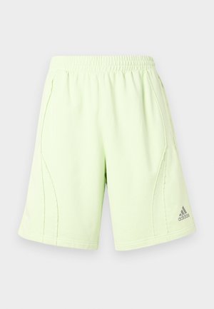 Šviesiai žali sportiniai šortai su elastinga juostele, šoninėmis siūlėmis ir siuvinėtu logotipu apatinėje dešinėje kojoje. Minkšta, lygi tekstūra.