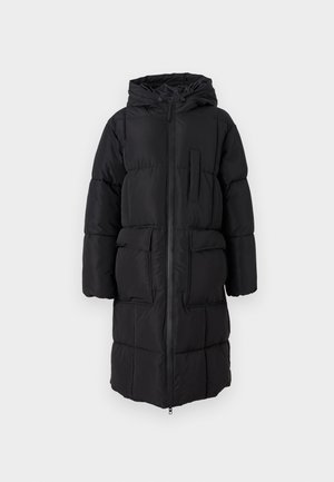 Schwarze Daunenjacke mit Kapuze, ausgestattet mit einem durchgehenden Reißverschluss, zwei großen frontseitigen Taschen und einer Brusttasche. Glattes Gewebe und gestepptes Design.
