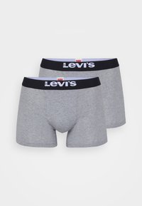 Graue Baumwollboxerbriefs mit einem schwarzen elastischen Bund, auf dem das Levi's-Logo zu sehen ist. Zwei Paare sind nebeneinander dargestellt.