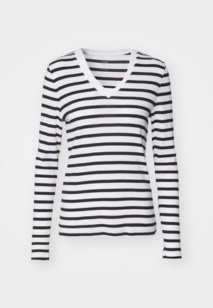 Long-sleeve V-neck T-shirt in black and white horizontal stripes, made from soft fabric with a fitted design and contrasting neckline.