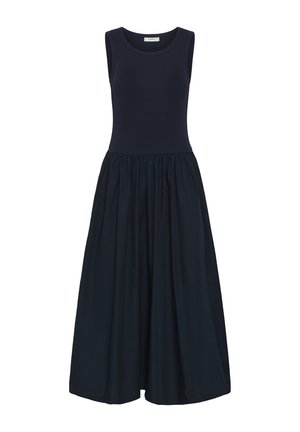 Sleeveless dark navy blue dress with fitted ribbed bodice and gathered, flowing midi skirt.