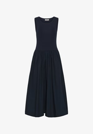 Sleeveless dark navy blue dress with fitted ribbed bodice and gathered, flowing midi skirt.
