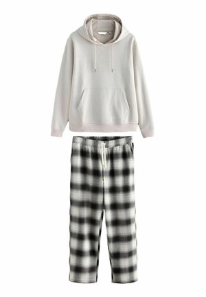 Light gray hooded sweatshirt with a front pocket, paired with black and white plaid lounge pants featuring an elastic waistband.
