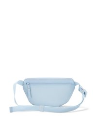 Vaaleansininen vyölaukku, joka on valmistettu sileästä materiaalista. Varustettu vetoketjullisella ylhälsällä, säädettävällä hihnalla ja minimalistisella designilla.