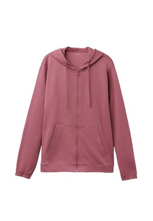Rosa Kapuzenjacke zum Reißverschluss aus weicher Baumwollmischung mit langen Ärmeln, Fronttaschen und Kordelzug-Kapuze. Glatte Textur und lockere Passform.
