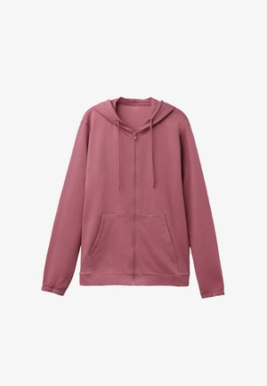 Rosa Kapuzenjacke zum Reißverschluss aus weicher Baumwollmischung mit langen Ärmeln, Fronttaschen und Kordelzug-Kapuze. Glatte Textur und lockere Passform.