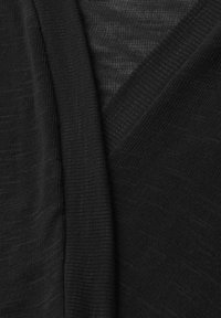 Close-up of black knit fabric showing detailed ribbed texture and overlapping layers.